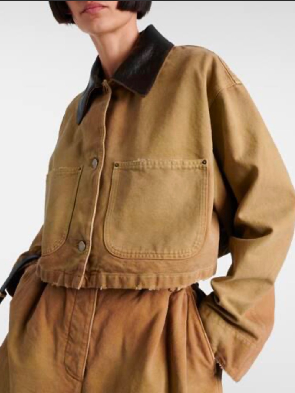 Ci Sono Cropped Olive Green Jacket with Black Contrast Collar